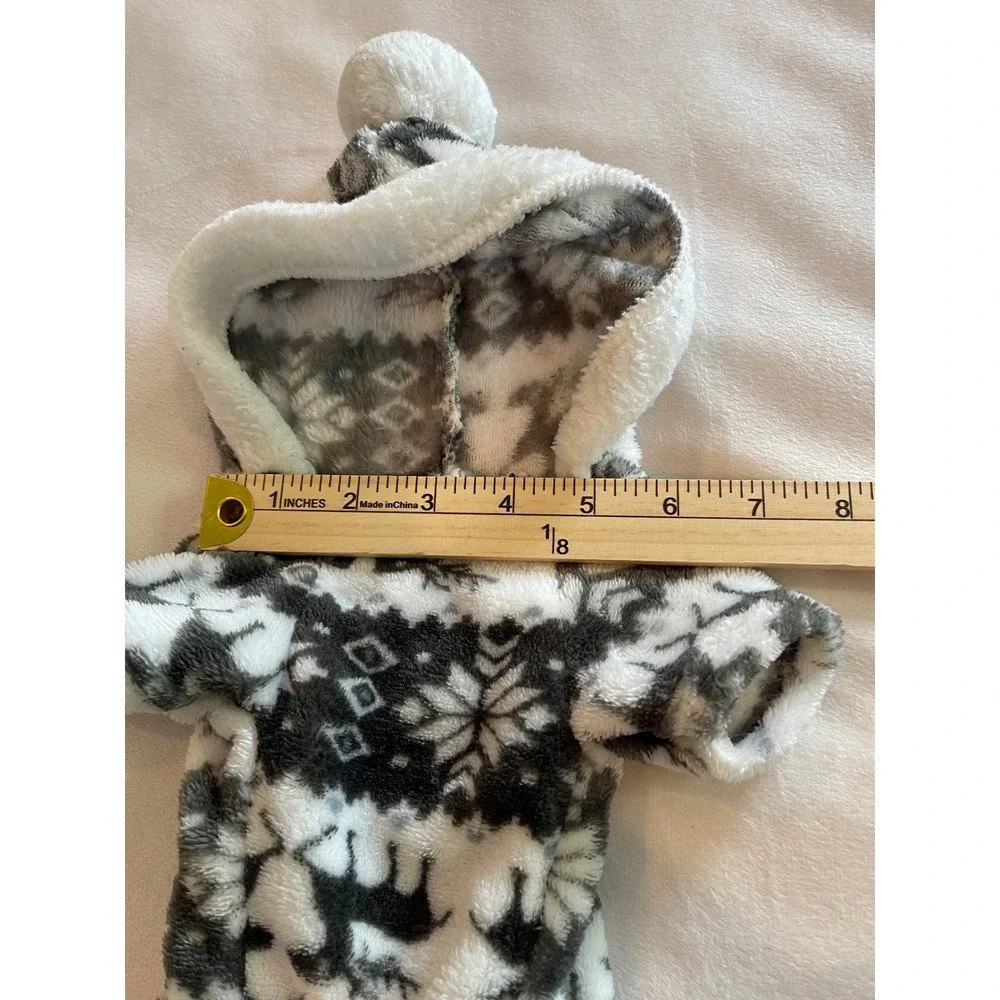 Grey White Fair Isle Reindeer Fleece Pet Pajamas Hooded Dog Cat One Piece Small